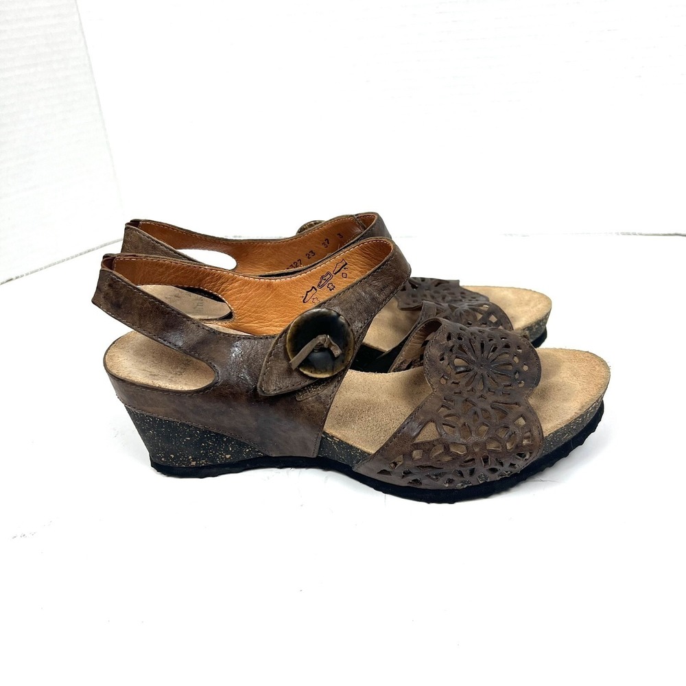 Think! Mizzi Brown Leather Floral Wedge Slingback Sandals 37 US 7 Lagenlook Boho